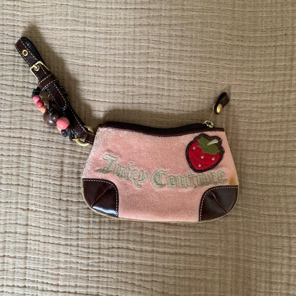Vintage Juicy Couture Pink Wristlet with Strawberry Patch and Beaded Strap
